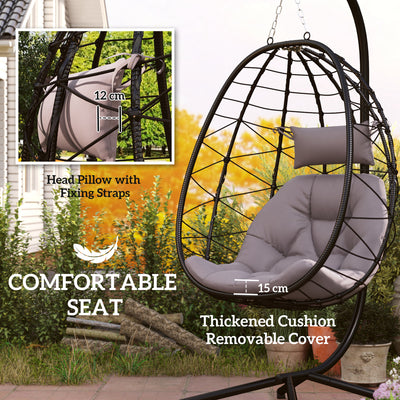 Outsunny Hanging Egg Chair Outdoor Indoor Garden Swing Chair with Folding Basket, Thickened Cushion, Garden Hanging Chair with Stand, Headrest for Patio, Balcony, Grey 