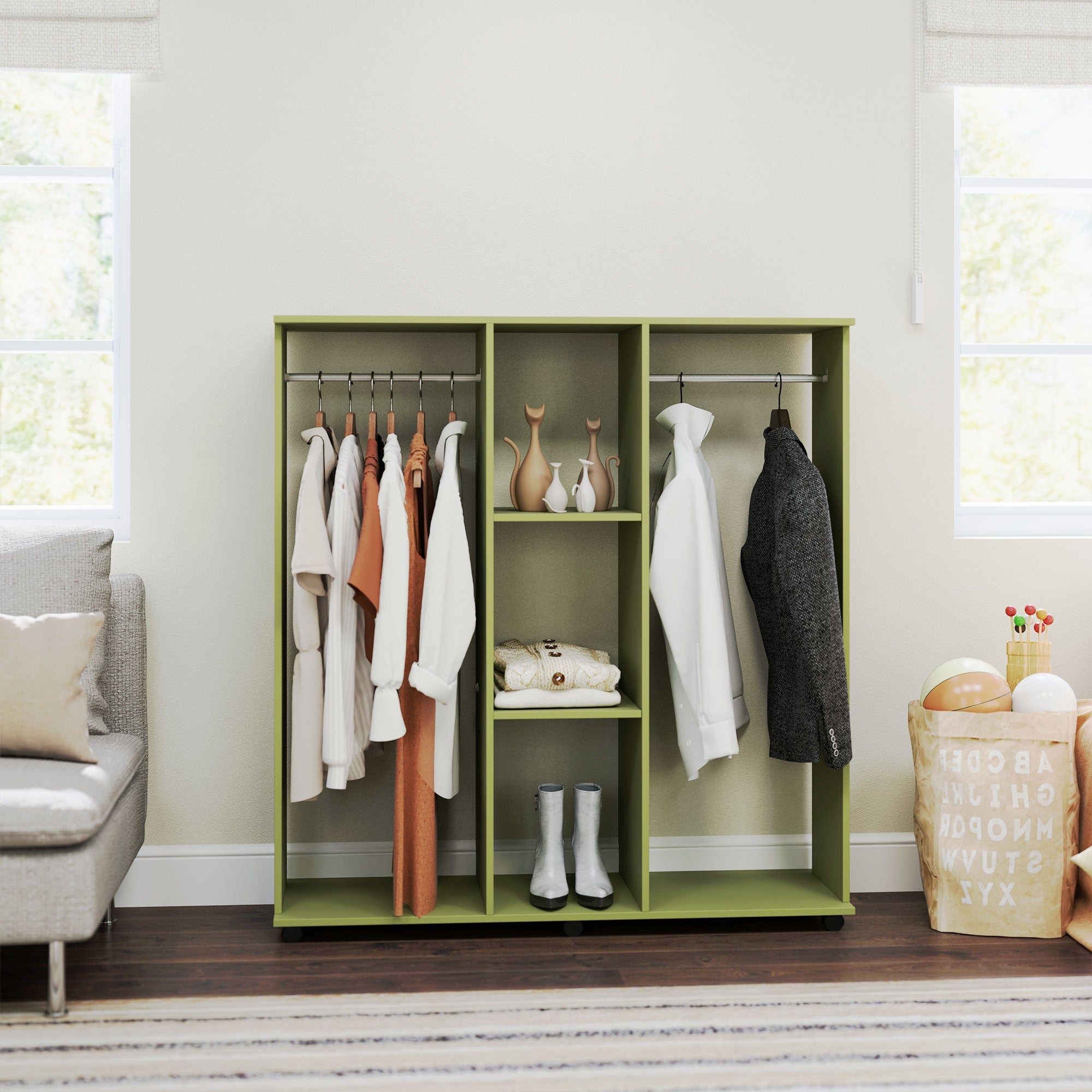 HOMCOM Open Wardrobe Double Mobile Storage Shelves Organizer W/6 Wheels-Green 