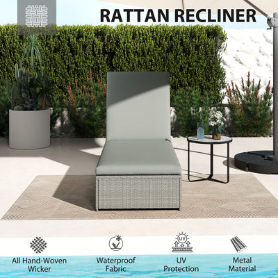 Outsunny Rattan Sun Lounger, Five-Position Reclining Garden Lounger Bed with Cushion, Light Grey 