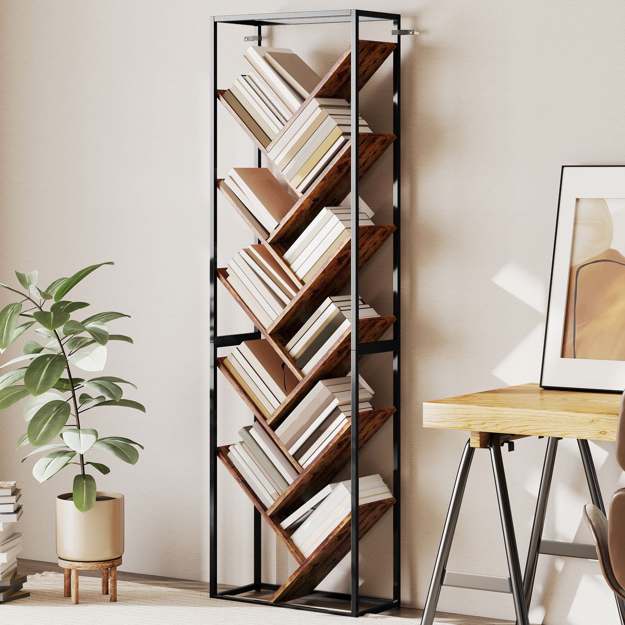 HOMCOM 10 Shelf Industrial-Style Bookshelf - Black/Brown 