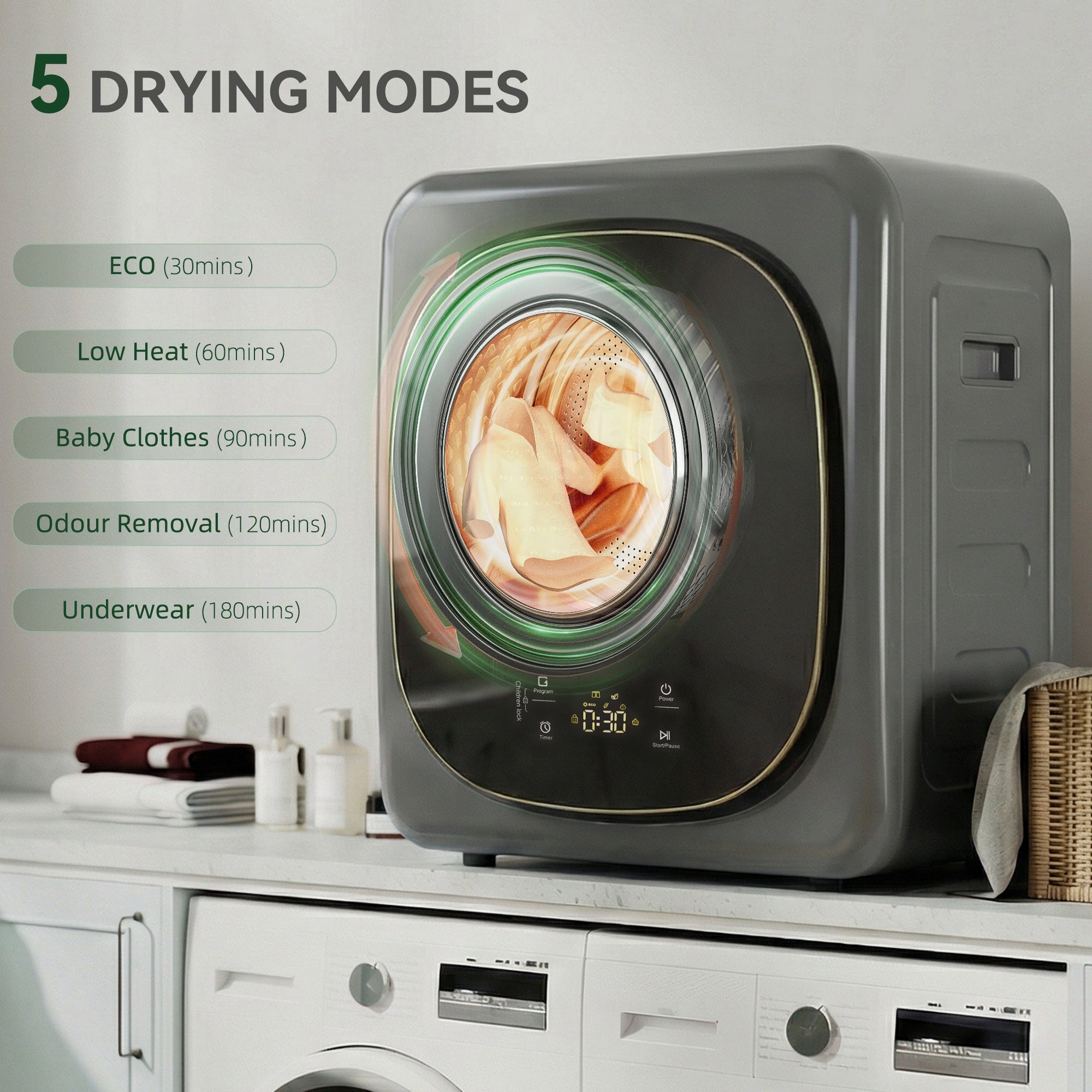 HOMCOM 4kg Vented Tumble Dryer with 5 Drying Mode, 800W Compact Freestanding Front Tumble Dryer Grey 