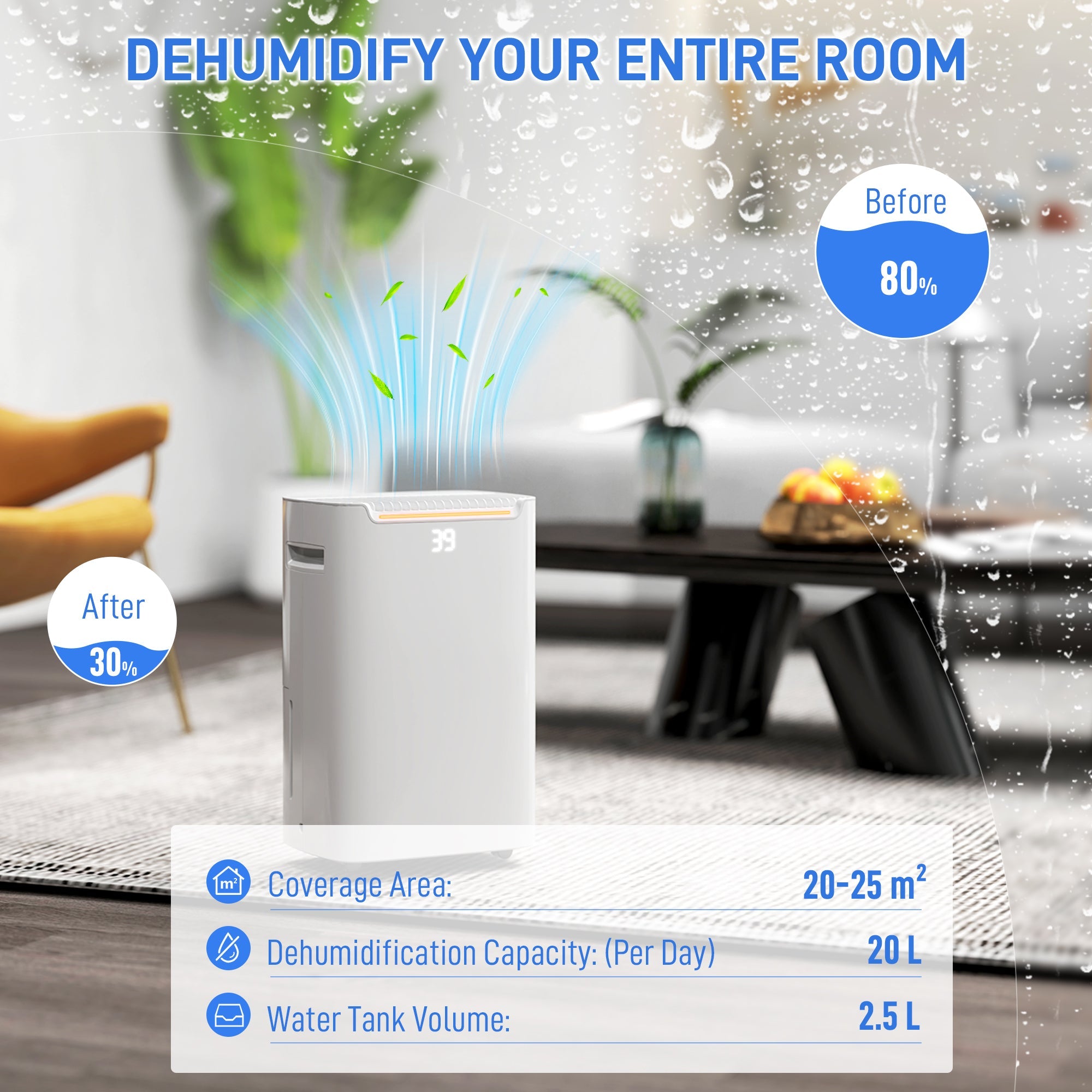HOMCOM 20L/Day Dehumidifier with Continuous Drainage, 2.5L Water Tank, 24H Timer On/off, Digital Humidity Display, Air Filter, Dehumidifier for Home Damp, Bedroom, Condensation, Mould, Laundry Drying 