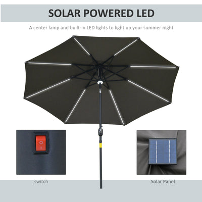 Outsunny 2.7m Garden Parasol Sun Umbrella w/ LED Solar Light Angled Canopy Grey 