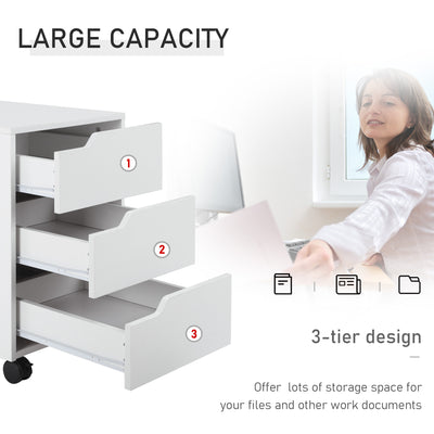 HOMCOM 3 Drawer Mobile File Cabinet, Vertical Filing Cabinet with Wheels for Home Office, White 