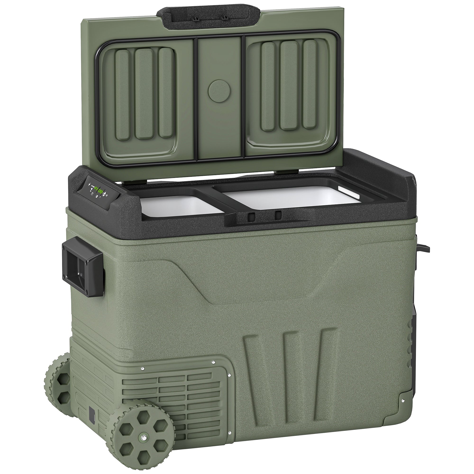 Outsunny 45L Camping Fridge Freezer Dual Zone, Portable Car Fridge 12V/24V DC & 100-240V AC, Electric Cool Box -20℃-20℃ with Wheels and LED Light, for Travel, RV, Road Trip, Picnic