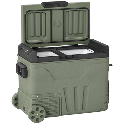 Outsunny 45L Camping Fridge Freezer Dual Zone, Portable Car Fridge 12V/24V DC & 100-240V AC, Electric Cool Box -20℃-20℃ with Wheels and LED Light, for Travel, RV, Road Trip, Picnic