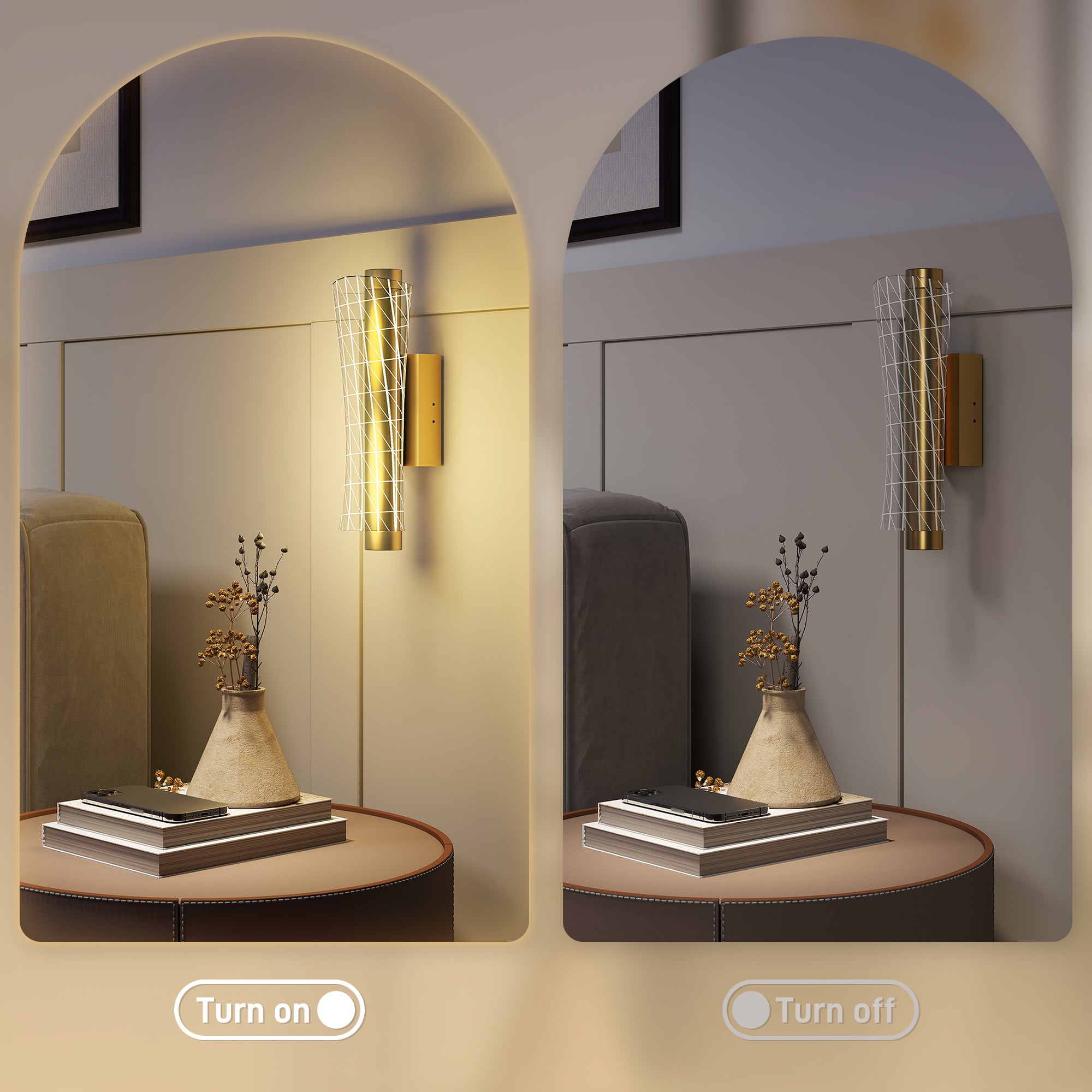 HOMCOM Led Wall Lamp 2 Pack, 9W Modern Indoor Geometric Mesh Wall Light, Colour Temperature Adjustable 3000K/4000K/6500K for Bedroom, Living Room, Hallway, Stairs, Gold Tone