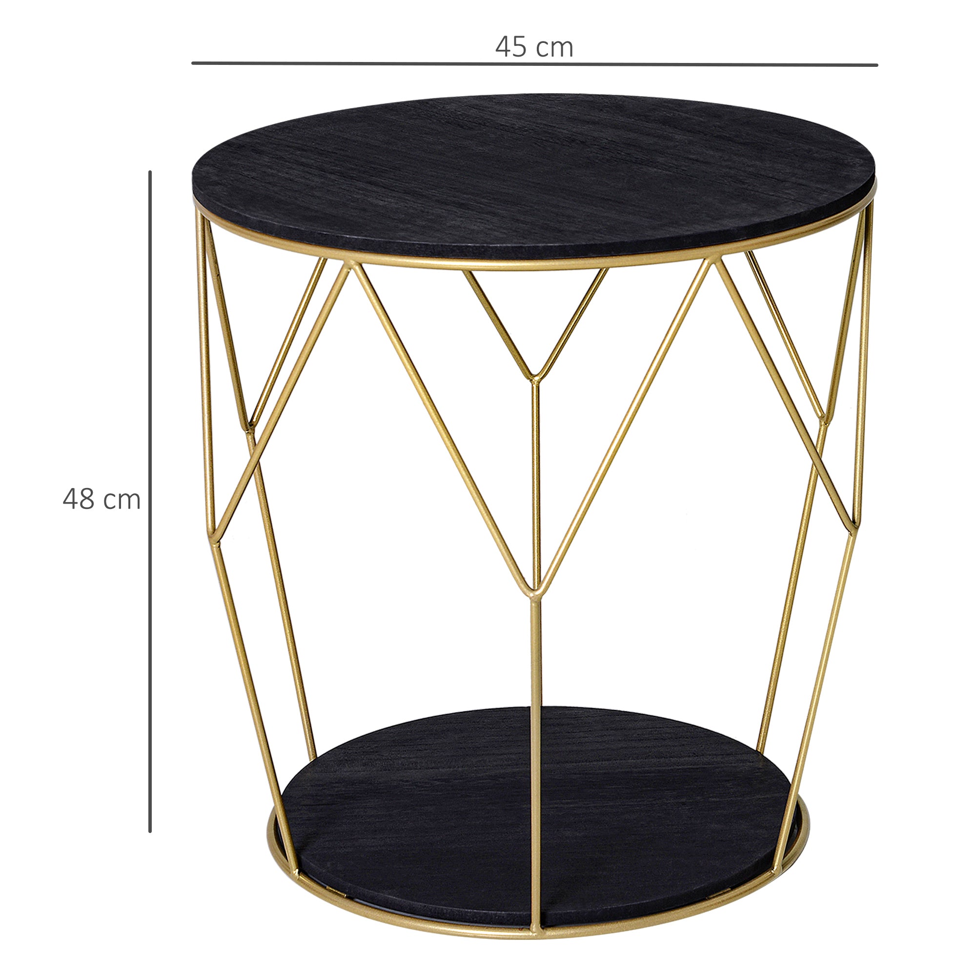 HOMCOM Round Coffee Table with Storage, Modern Sofa Side Table with Metal Frame, End Table for Bedroom, Living Room, Black and Gold, 45 x 45 x 48 cm