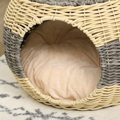 PawHut Wicker Cat House, Rattan Raised Cat Bed, Cosy Kitten Cave with Soft Washable Cushion, \'ce\'a640 x 30cm