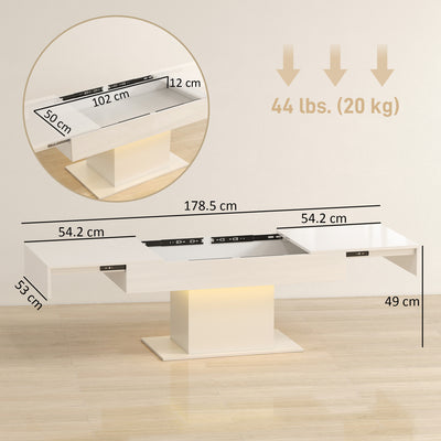 HOMCOM Extendable Coffee Table with LED Lights and Storage - High Gloss White 