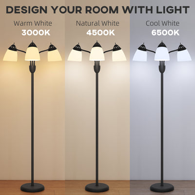 HOMCOM Arc Tree Floor Lamp with 3 Adjustable Rotating Lights and 3000K/4500K/6500K Colour Temperatures, Industrial Standing Lamp with Steel Frame for Bedroom Living Room, 155cm, Black 