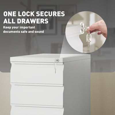 Vinsetto 3-Drawer Steel Filing Cabinet with Lock and Wheels - White 