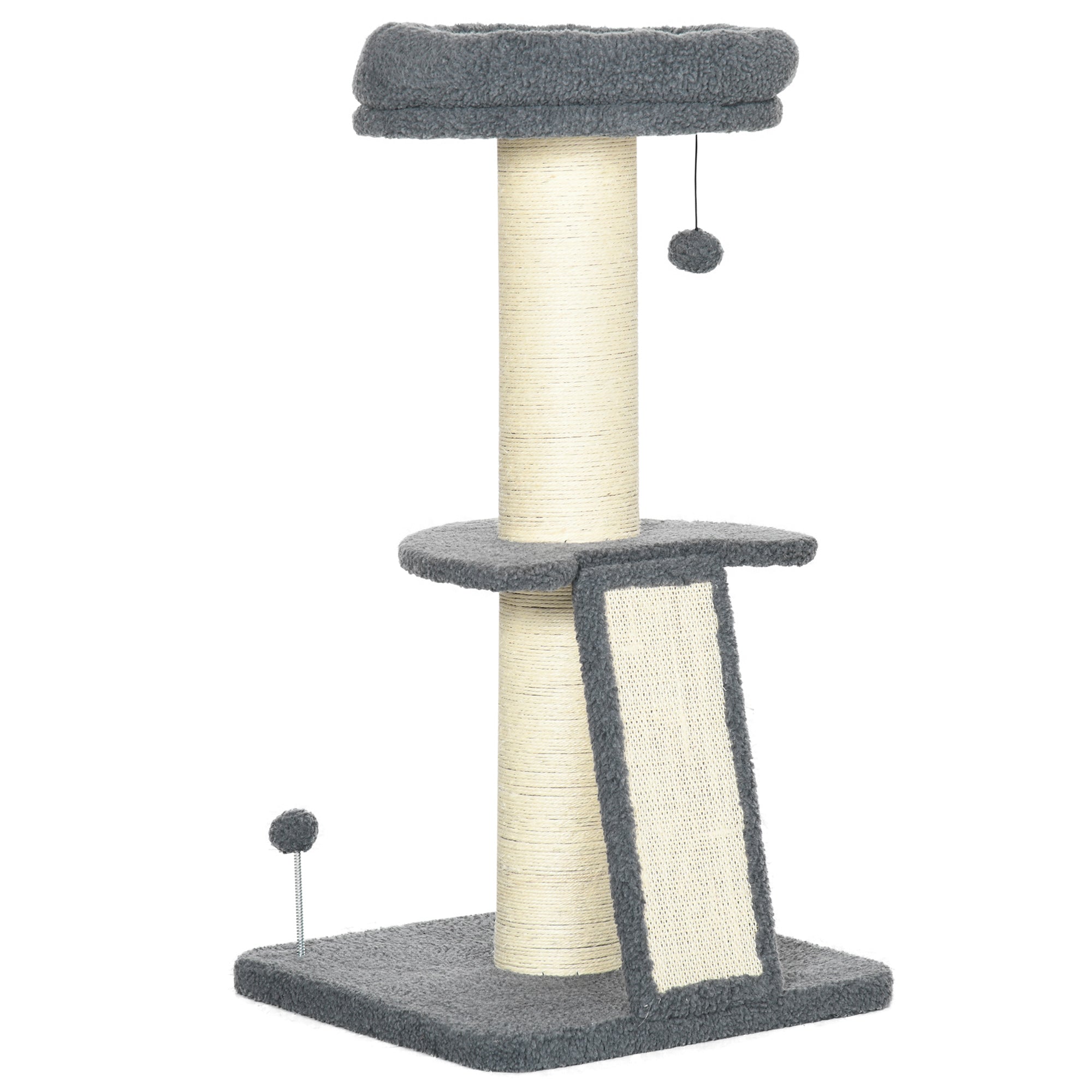 PawHut Cat Tree Tower with Scratching Posts, Pad, Bed, Toy Ball-Dark Grey 
