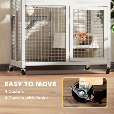 PawHut Wooden Catio Cat Outdoor Enclosure, Cat Cage with Waterproof Roof, Platforms, for Multiple Cats, White 