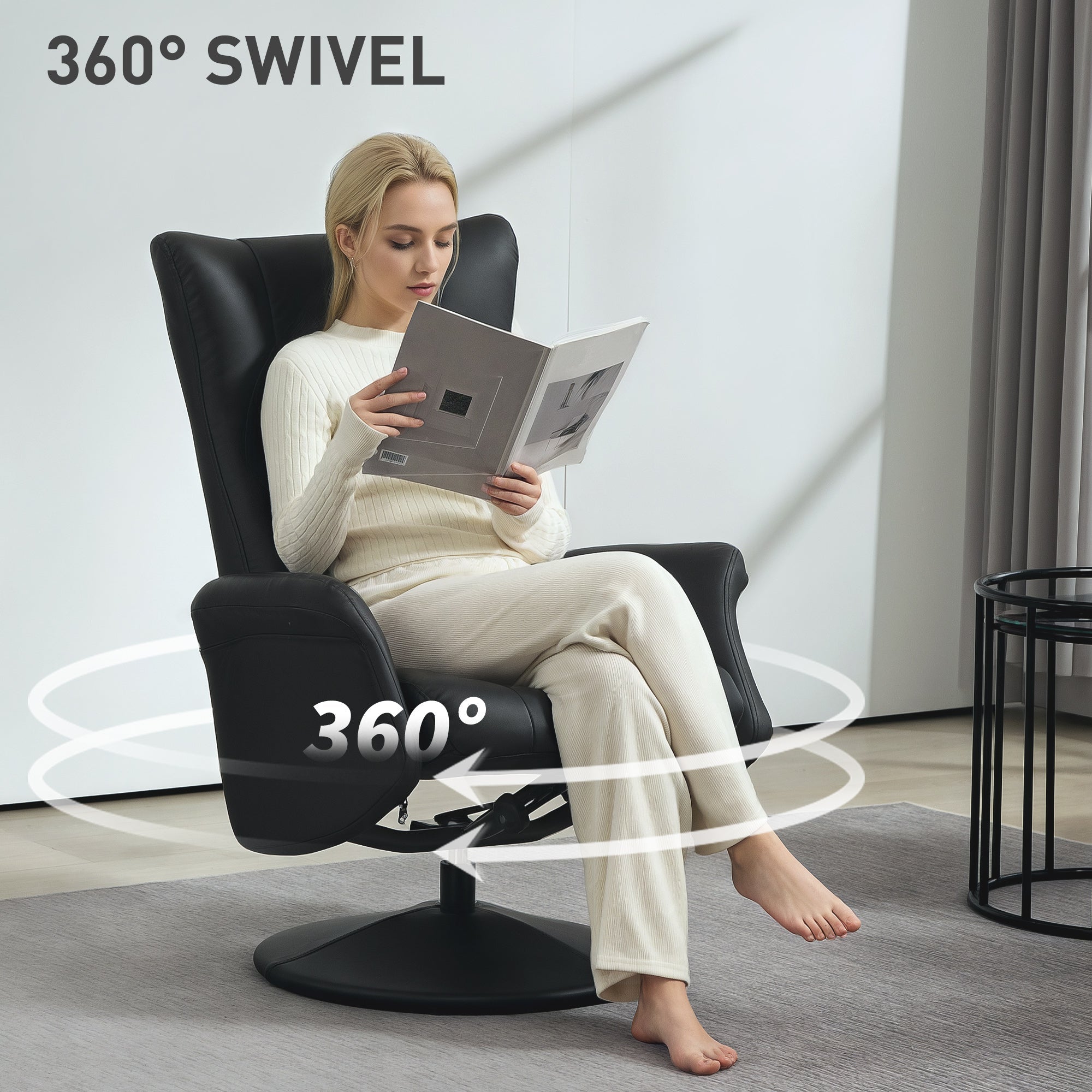 HOMCOM Swivel Recliner Chair with Footstool, PU Leather Recliner Armchair with Adjustable Back and Steel Frame, Reclining Chair Lounge with Flared Armrests for Living Room, Black 