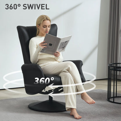 HOMCOM Swivel Recliner Chair with Footstool, PU Leather Recliner Armchair with Adjustable Back and Steel Frame, Reclining Chair Lounge with Flared Armrests for Living Room, Black 