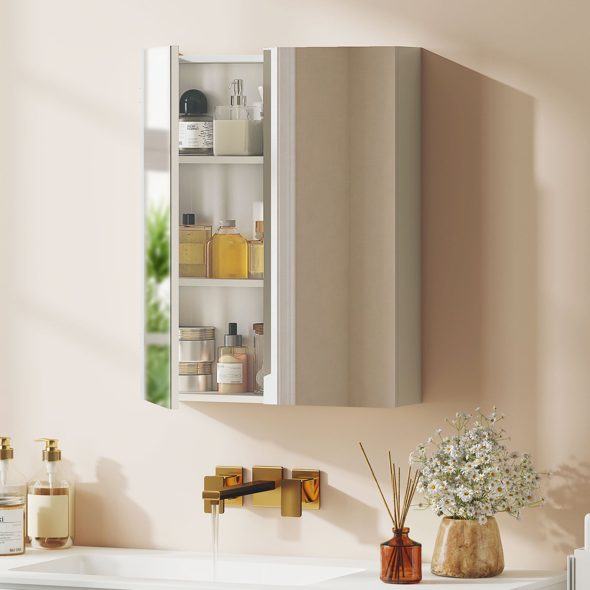 HOMCOM Wall Mounted Bathroom Mirror Storage Cabinet w/ Door Adjustable Shelf, White 