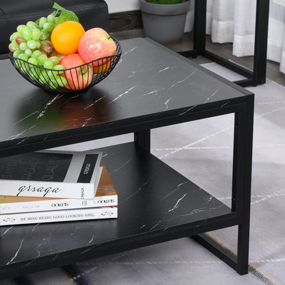 HOMCOM Coffee Table, Two-Tier Marble Centre Table with Metal Frame and Storage Shelf for Living Room, 106 x 50 x 45cm, Black 