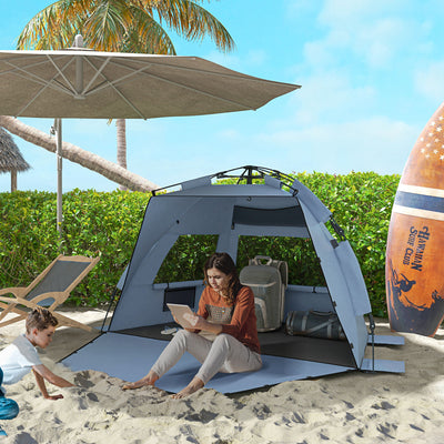 Outsunny 2-3 Person Pop Up Beach Tent, UPF15+ Sun Shelter with Extended Floor, Sandbags, Mesh Windows and Carry Bag, Light Blue 