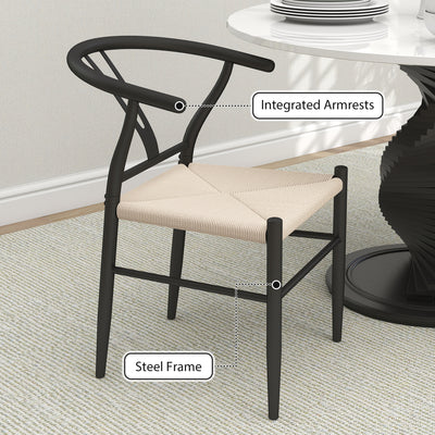 HOMCOM Set of Two Weave Dining Chairs with Y-Shaped Backrest Hemp Seat - Black/Beige 
