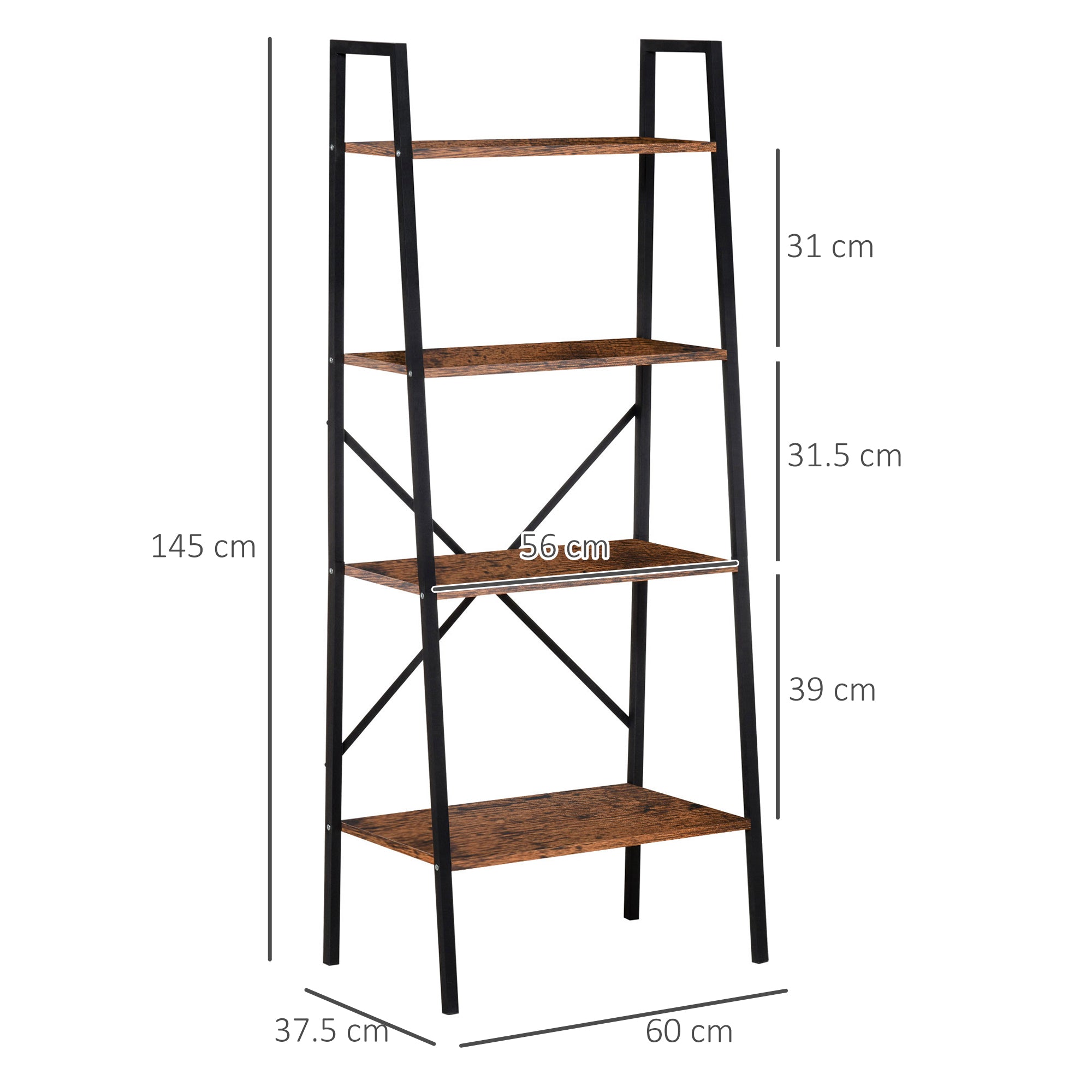 HOMCOM Bookcase 4-Tier Vintage Ladder Shelf with Wood Storage Rack, Stand Plants Display, Black and Brown 