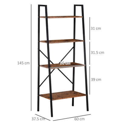 HOMCOM Bookcase 4-Tier Vintage Ladder Shelf with Wood Storage Rack, Stand Plants Display, Black and Brown 