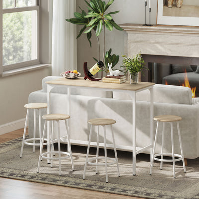 HOMCOM 5 Piece Bar Table Set for 4 with Stools, Metal Frame, Footrest for Kitchen Natural Wood 