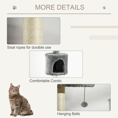 PawHut Floor to Ceiling Cat Tree for Indoor Cats, Kitten Tower, Condo, Multi-Layer Activity Center, Indoor Pet Play House with Solid Scratching Post Hanging Balls, Light Grey 