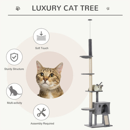 PawHut 270cm Floor To Ceiling Cat Tree Cat House Scratching Post for Indoor Cats Hammock Hanging Ball Activity Center Grey 