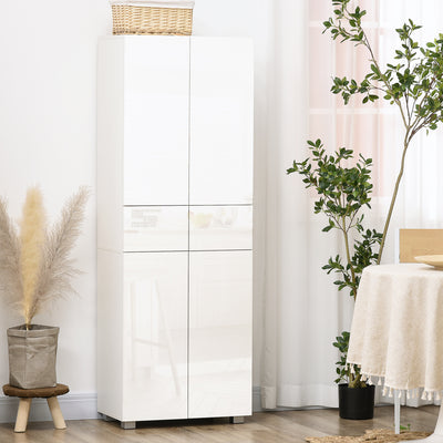 HOMCOM 4-Door Kitchen Cupboard, Freestanding 5-Tier Storage Cabinet with 3 Adjustable Shelves, 2 Drawers for Living Room, Dining Room, Push to Open Design, High Gloss White 