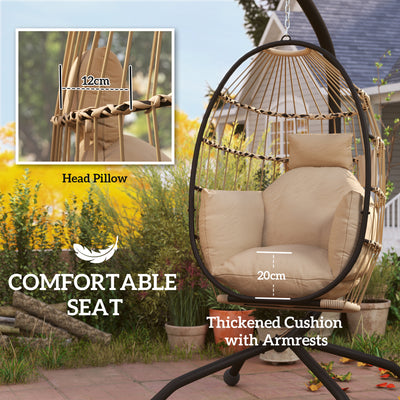 Outsunny Hanging Egg Chair Outdoor Indoor Garden Swing Chair with Folding Basket and Thickened Cushion, Garden Hanging Chair with Stand, Headrest, Cup Holder for Patio, Balcony, Khaki 