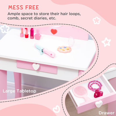 ZONEKIZ Kids Dressing table Set w/ Mirror, Stool, Drawer, Cute Patterns, for Ages 3-6 Years - Pink 