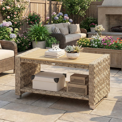 Outsunny Outdoor Coffee Table with Storage Shelf, PE Rattan Side Table with Slatted Top and Foot Pads, Light Brown 