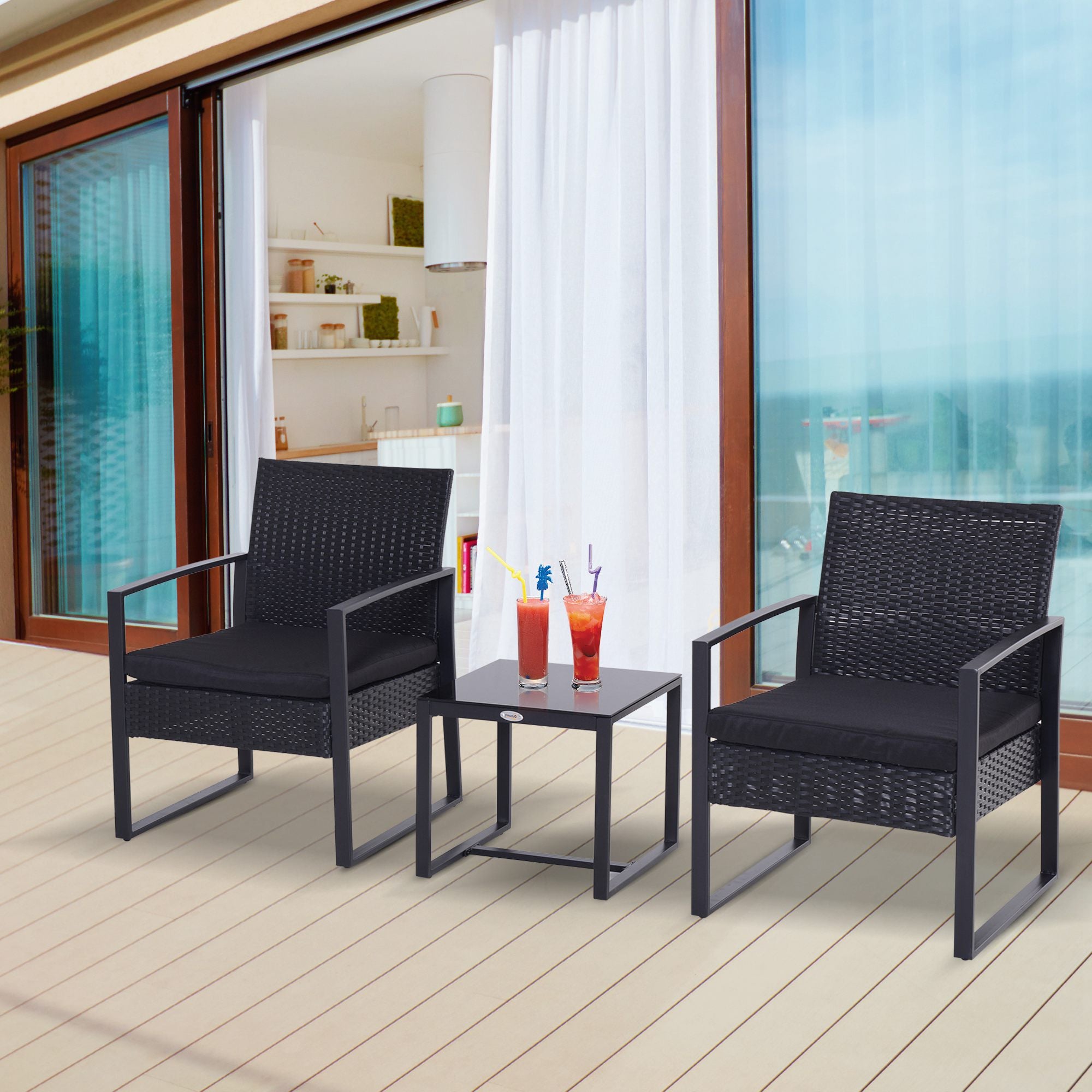 Outsunny 2 Seater Rattan Coffee Set-Black 