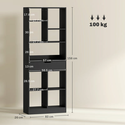 HOMCOM Tall Bookshelf with Drawer, Freestanding Bookcase for Bedroom, Living Room, Home Office, Black 