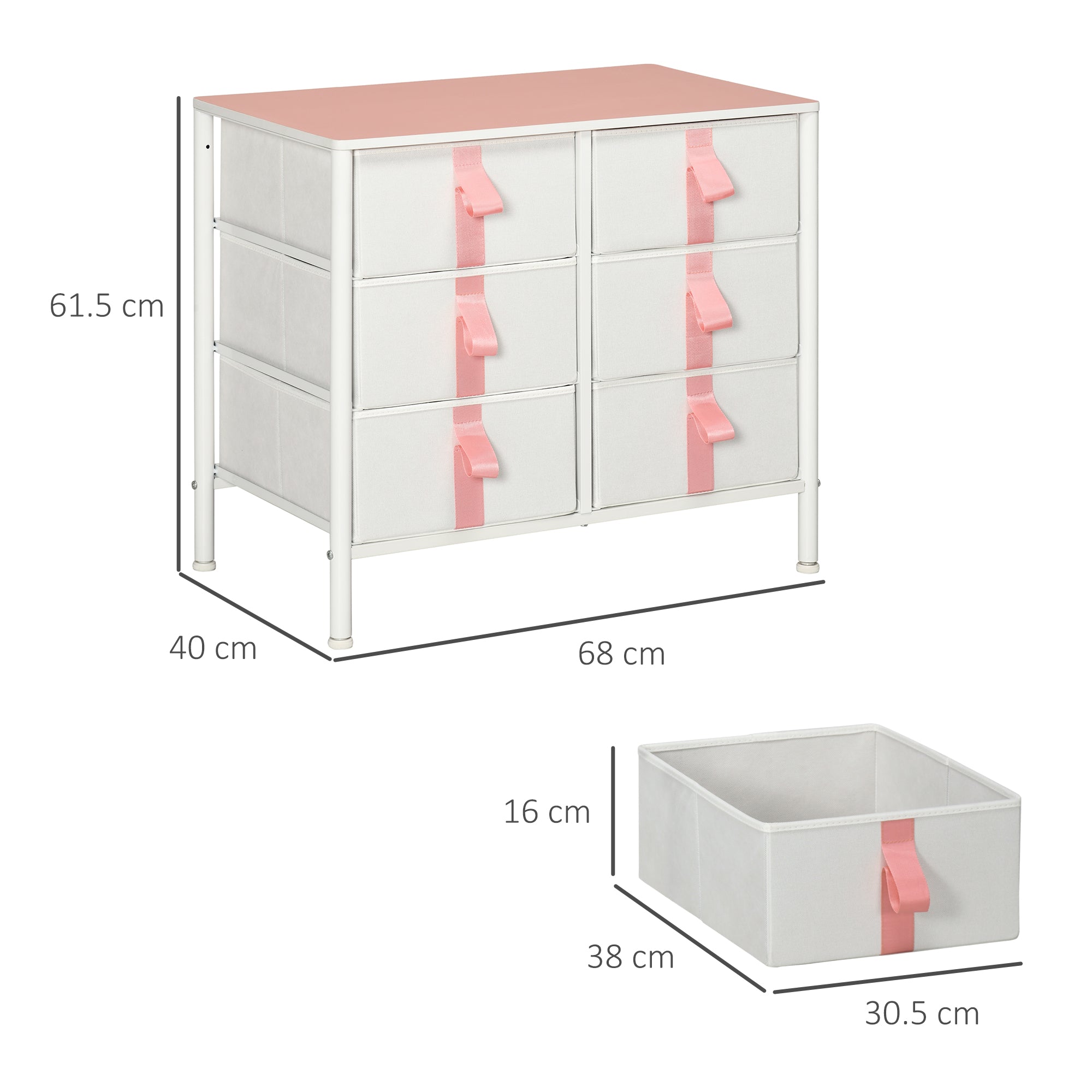 HOMCOM Chest of Drawers, Cloth Organizer Unit with 6 Fabric Drawers, Metal Frame and Wooden Top, Storage Cabinet for Kids Room, Living Room, Closet, Hallway, Pink 
