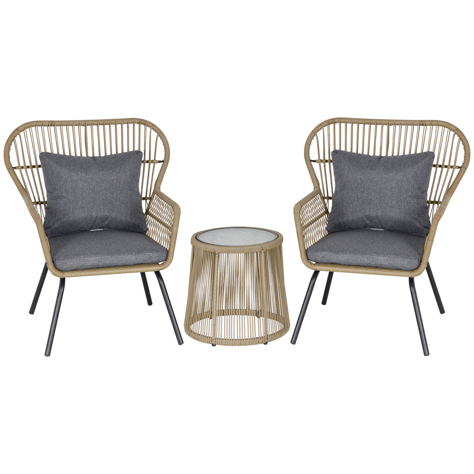 Outsunny 3 Pieces Rattan Bistro Set, Wicker Garden Furniture Set with Cushions, Glass Top Coffee Table and Chairs for Outdoor, Patio, Balcony, Brown 
