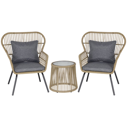 Outsunny 3 Pieces Rattan Bistro Set, Wicker Garden Furniture Set with Cushions, Glass Top Coffee Table and Chairs for Outdoor, Patio, Balcony, Brown 