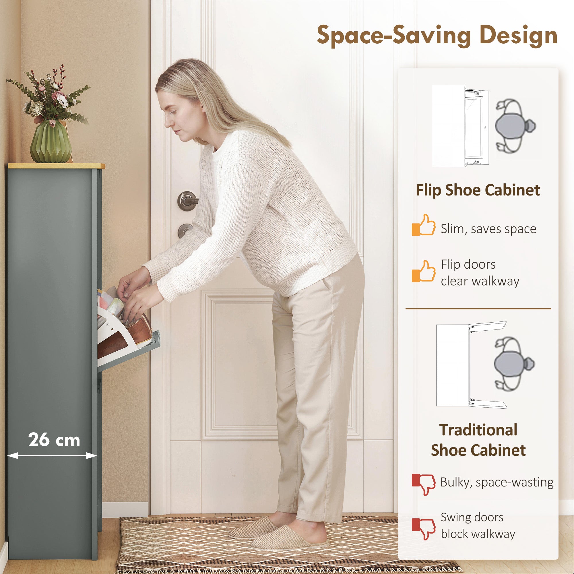 HOMCOM Slim Shoe Cabinet, Narrow Shoe Cupboard with 3 Flip Drawers, Adjustable Shelves for 18 Pairs of Shoes, Light Grey 