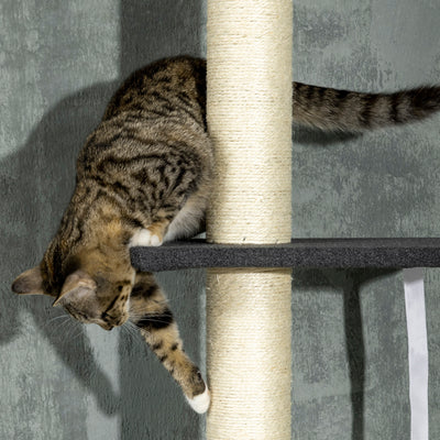 PawHut 240-270cm Floor-To-Ceiling Cat Tree, 5 Tier Cat Climbing Tower, with Bed, Hammock, Platforms, Black and Cream 