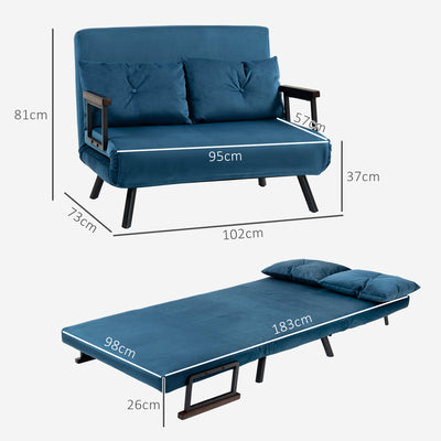 HOMCOM 4-in-1 Velvet-Feel Double Sofa Bed, with Pillows - Blue 