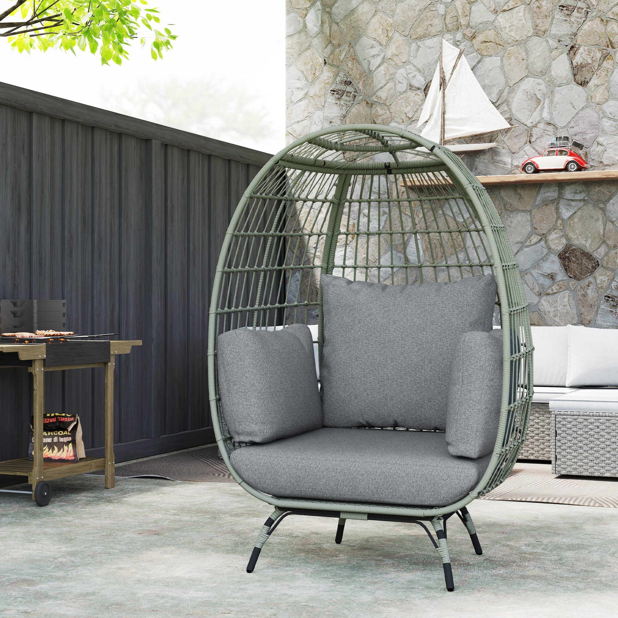 Outsunny Rattan Egg Chair with Cushions and Pillows, Charcoal Grey 