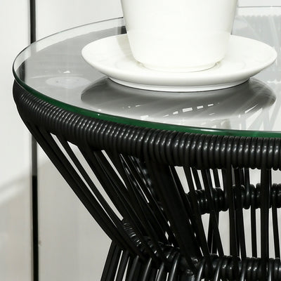 Outsunny Round End Table, Rattan Side Table, Hollow Drum Design Coffee Table w/ Glass Tabletop for Patio, Garden, Balcony Black 