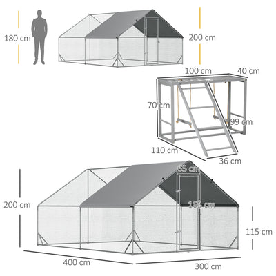 PawHut Walk In Chicken Run with Chicken Activity Shelf and Cover, 3 x 4 x 2m 