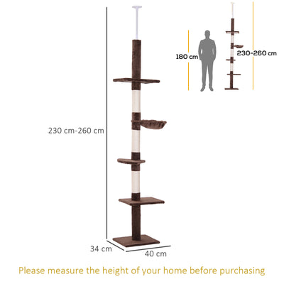PawHut Floor to Ceiling Cat Tree for Indoor Cats 5-Tier Kitty Tower Climbing Activity Center Scratching Post Adjustable Height 230-260 cm Brown 