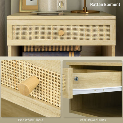 HOMCOM Set of Two Rattan Panel Floating Bedside Tables - Wood-Effect 