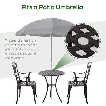 Outsunny 3 Pieces Garden Dining Set for 2, Cast Aluminium Outdoor Dining Set with 2 Armchairs and Round Dining Table with Parasol Hole, Garden Furniture Set, Brown 