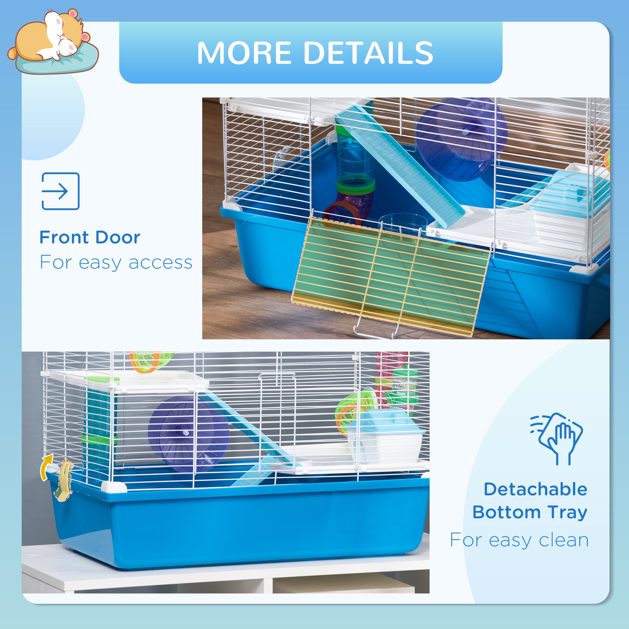PawHut Hamster Cage, Gerbil Cage 3 Tier for Dwarf Hamster with Tube, Exercise Wheel, Water Bottle, Food Dish 59 x 36 x 47 cm- Blue 