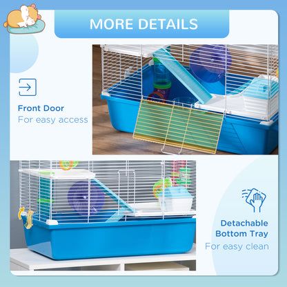 PawHut Hamster Cage, Gerbil Cage 3 Tier for Dwarf Hamster with Tube, Exercise Wheel, Water Bottle, Food Dish 59 x 36 x 47 cm- Blue 