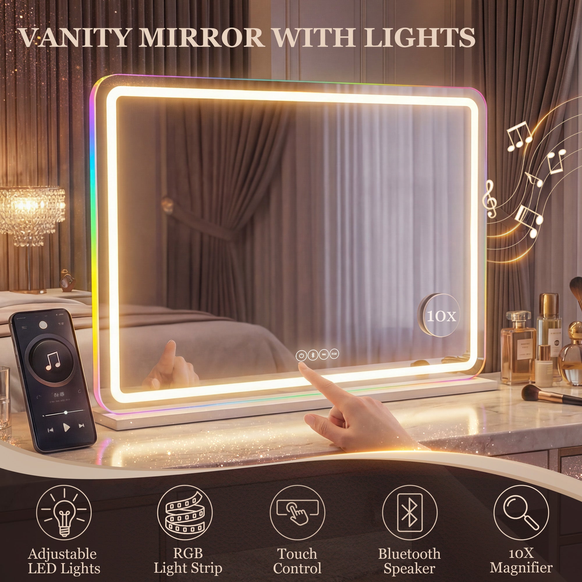 HOMCOM Vanity Mirror with Lights, Dimmable Makeup Mirror with Adjustable Colour Temperature, RGB Light, Bluetooth Speaker White 